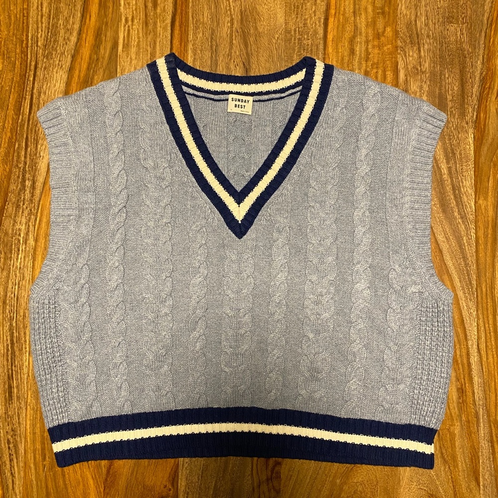 Sunday Best Light Blue Cable Knit V-Neck Sweater Vest with Navy & Cream Trim
